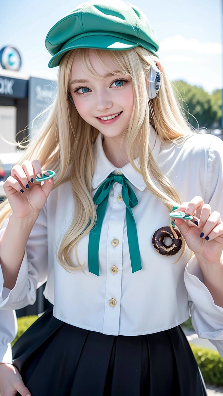 Pale blonde teenage girl with soft silky hair and fringe blue-green eyes white blouse with headphones and a black cap looking at the camera smiling making the rock symbol, holding a donut