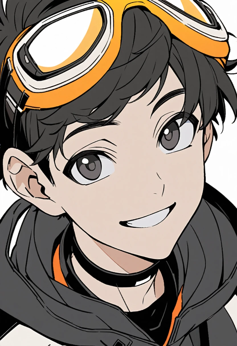 a drawing of a boy with goggles on his head, black jacket, colored, white hooddie, simple lineart,young anime man, black hair, goggles on head. Hair to one side, black jacket above the hoodie, medium close up, smiling, hood down, front view, choker on neck, medium body, black eyes,