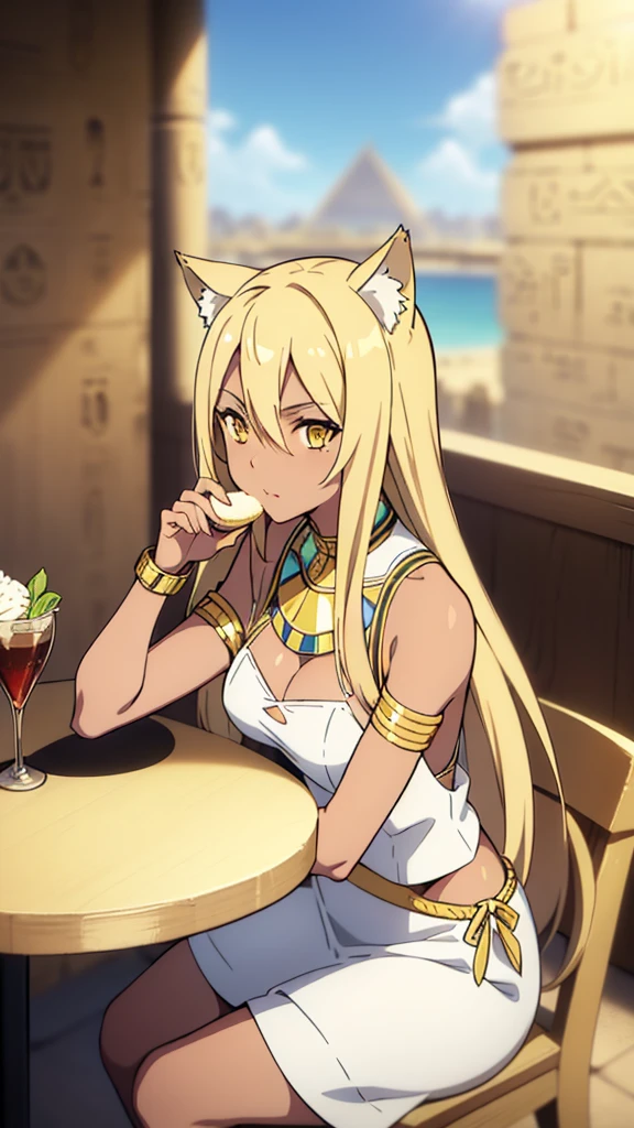 (1girl ,solo,20s,mature female),blonde hair,long hair,cat ears,yellow eyes,(((dark skin))),(Egypt, blue sky, sun),white egypt oufit,bare shoulders,looking at view,pov across table, eating