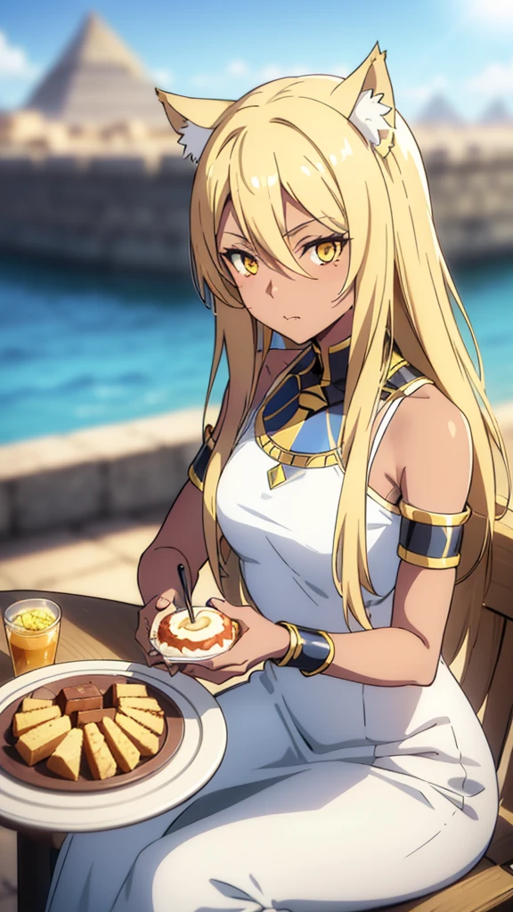(1girl ,solo,20s,mature female),blonde hair,long hair,cat ears,yellow eyes,(((dark skin))),(Egypt, blue sky, sun),white egypt oufit,bare shoulders,looking at view,pov across table, eating