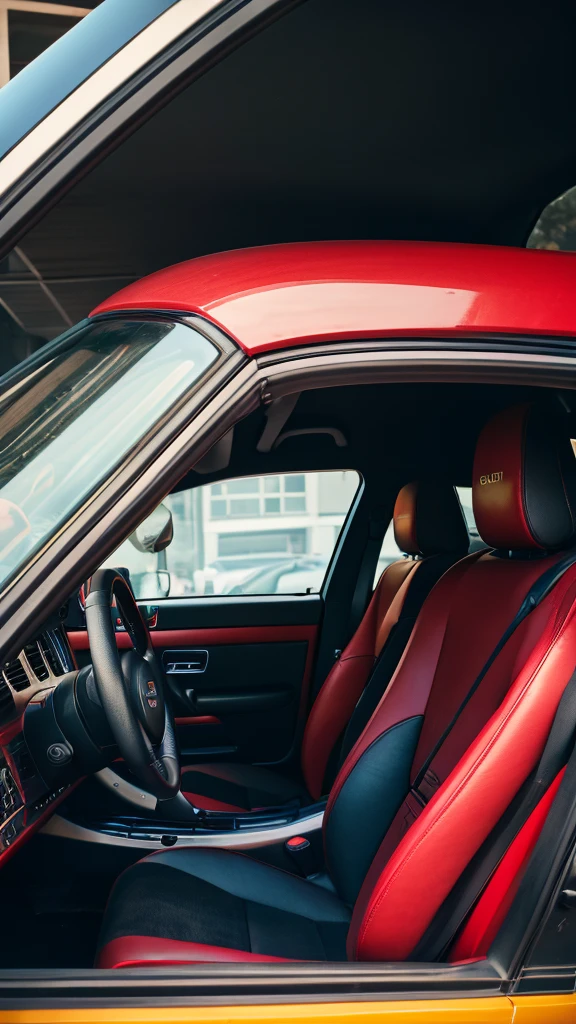 hyper realistic, Porch 944 turbo red, radio plan, car interior, driving through San Francisco, year 1986 Sony A7 II and 85mm f/1.8 GM lens