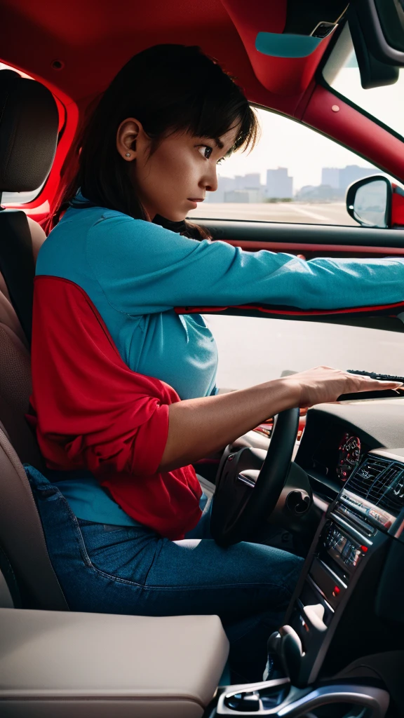 hyper realistic, Porch 944 turbo red, radio plan, car interior, driving through San Francisco, year 1986 Sony A7 II and 85mm f/1.8 GM lens