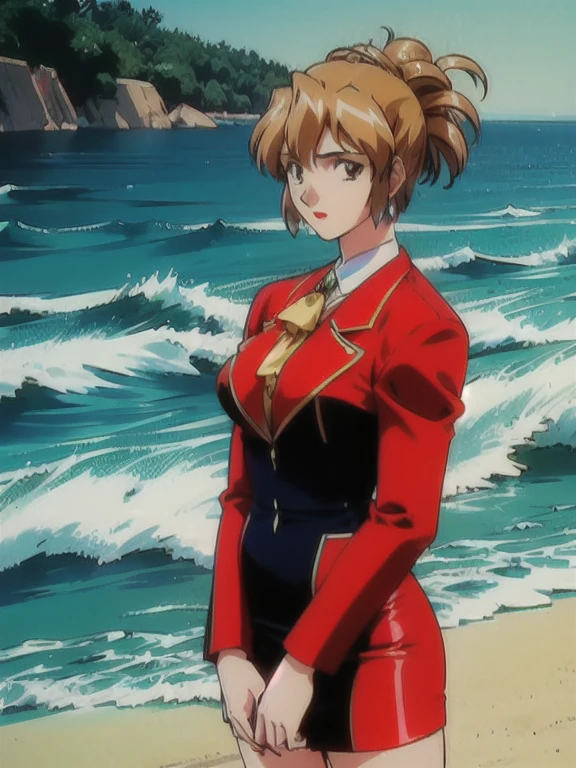 simple background , masterpiece, best quality, 1girl, looking at viewer, ultra detailed, cowboy shot, folded ponytail, short hair, long sleeves, red jacket, white shirt, earrings, ascot, brooch, red jacket, red pencil skirt, red lips,(beach, sandy shore, crashing waves, sunny:1.3)