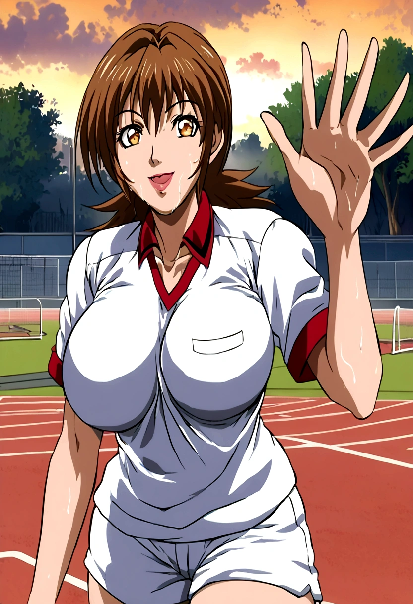 score_9, score_8_up, source_anime Bibl3, sports girl, tomboy, tanned skin, brown hair, short hair, huge breasts, wide hips, viewed from front, smiling, sweaty, open mouth, woman waving, expressive eyes, school gym uniform, shorts, athletic girl, full lips, vivid lips, detailed eyes, detailed face, pretty girl, sports field in background, morning