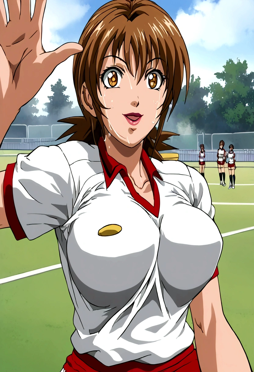 score_9, score_8_up, source_anime Bibl3, sports girl, tomboy, tanned skin, brown hair, short hair, huge breasts, wide hips, viewed from front, smiling, sweaty, open mouth, woman waving, expressive eyes, school gym uniform, shorts, athletic girl, full lips, vivid lips, detailed eyes, detailed face, pretty girl, sports field in background, morning