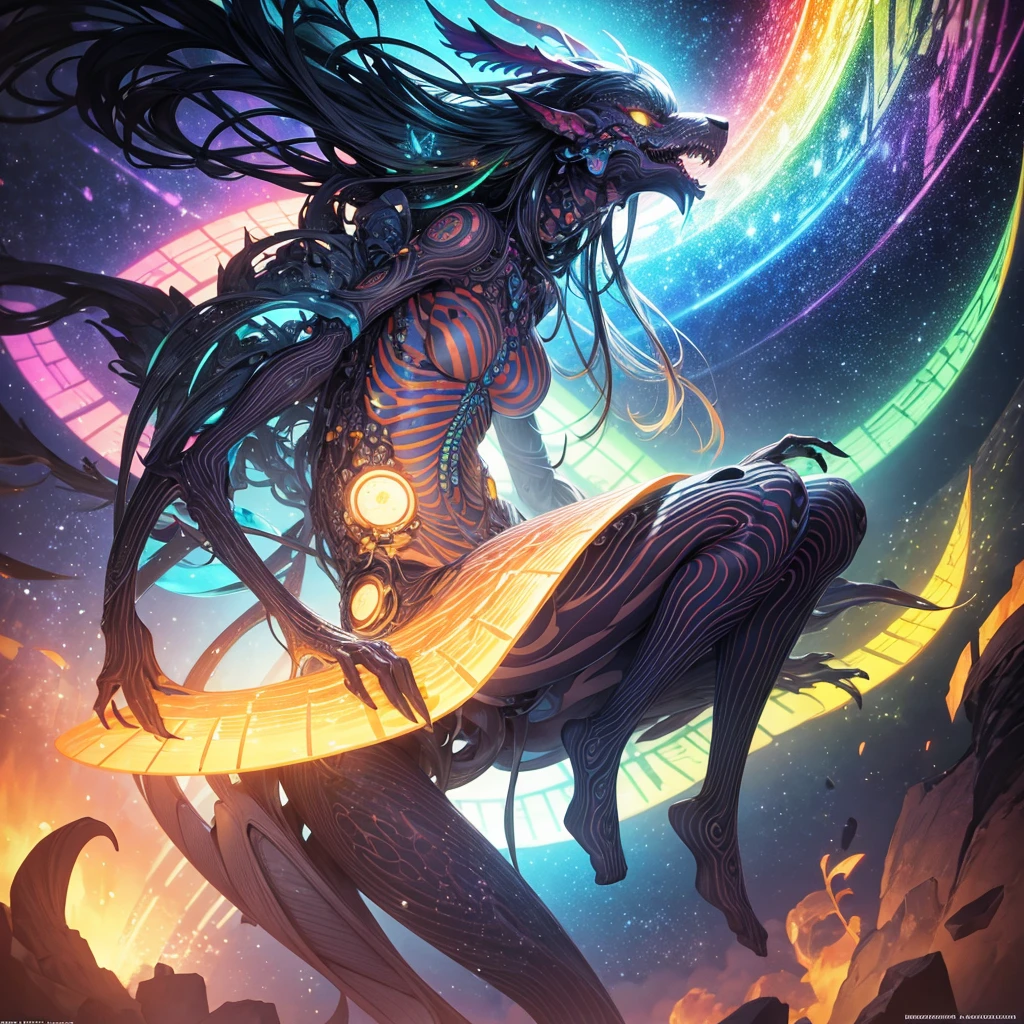 Stunning 3D rendering, naket girl, thin, glowing multi-colored dots, minimalistic drawing, expressive rainbow RGB colors, the inscription at the bottom of the composition i A masterpiece of digital art, beautiful, colorful, surreal, dark fantasy, typography, 3d render, conceptual art, ukiyo-e creating a post-apocalyptic, futuristic atmosphere that contrasts with the dreamy ambiance of the scene. The mesmerizing details and enthralling composition draw viewers into a captivating, mystical world that is