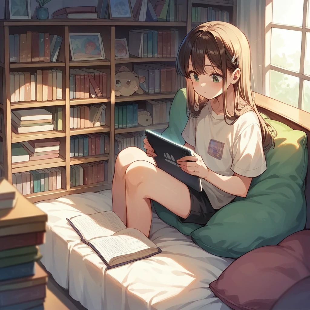 A person sitting comfortably with a tablet, engrossed in reading a colorful manga. The background shows a cozy living room with bookshelves filled with manga volumes.