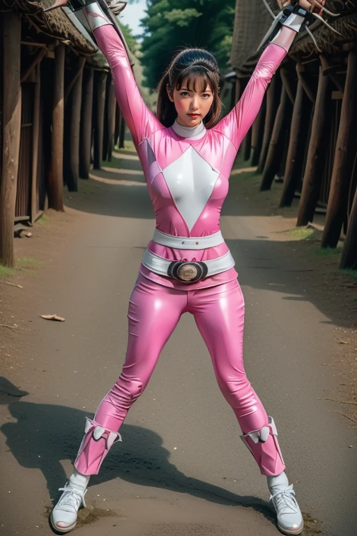 pink theme，pink ranger suit、curvy, big breats, full body, tied on Saint Andrew's cross in X position,