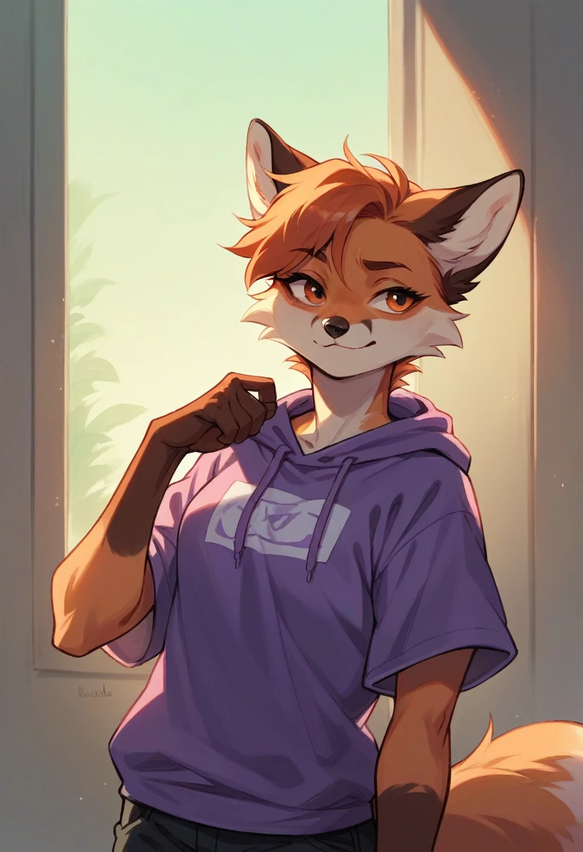 5-tailed fox, roxa, purple sweatshirt, eyes browns, em on, 8K