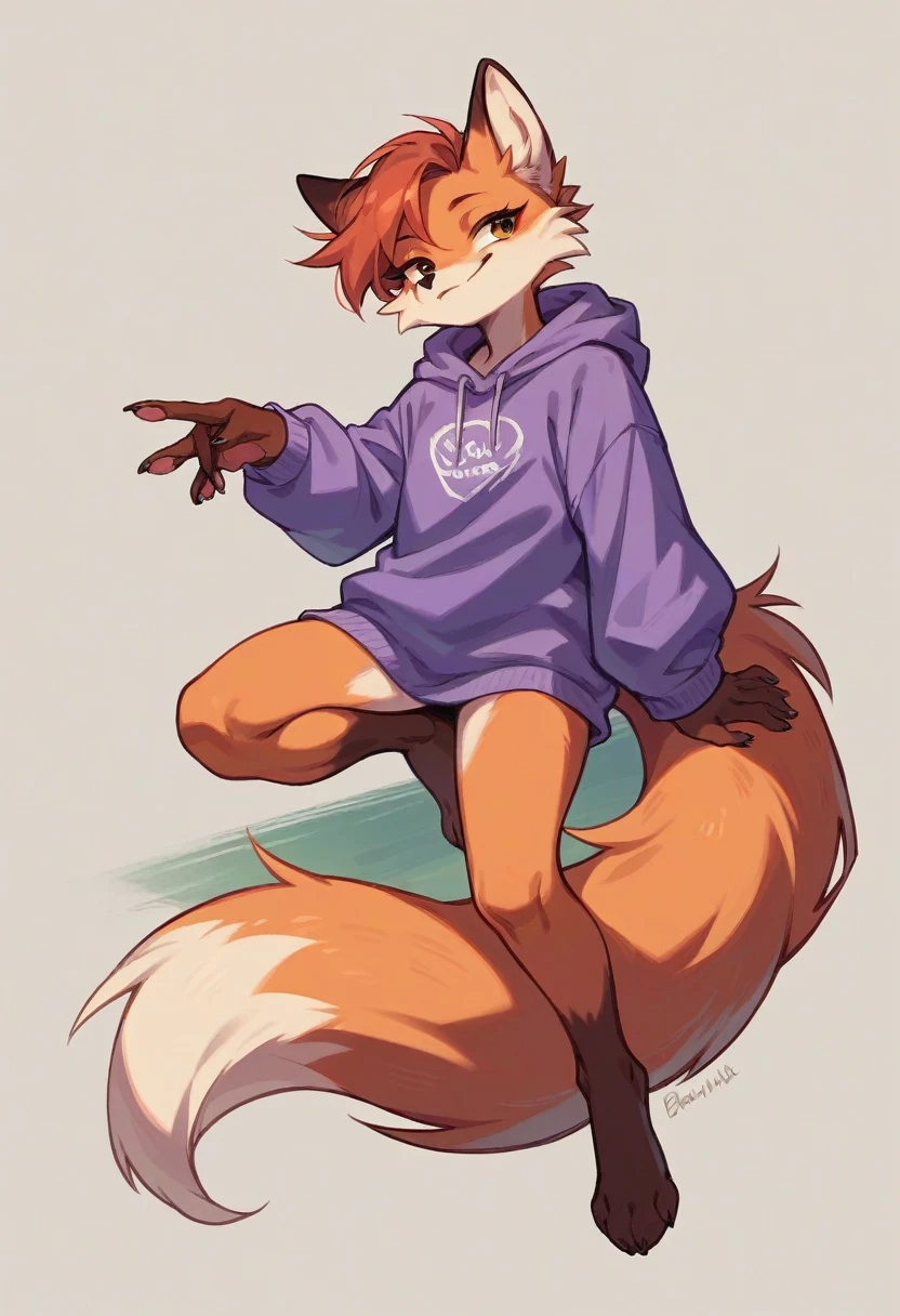 5-tailed fox, roxa, purple sweatshirt, eyes browns, em on, 8K