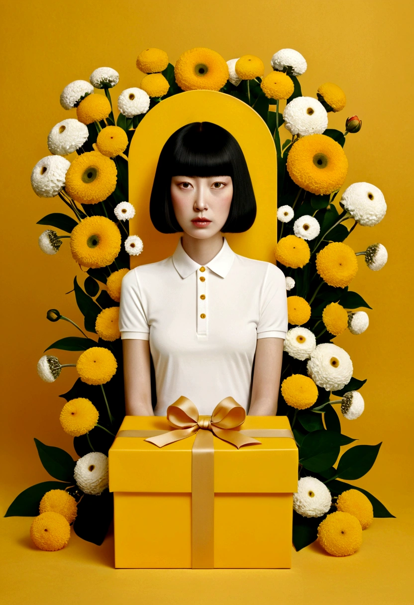 Poster design for a magazine with the face of a huge yellow-colored gift box, flowers, ribbons, white polo shirt, fantasy, minimalism, fantasy, Hayv Kahraman style, beautiful paintings of Yayoi Kusama, works of Andrey Remnev, modern art, fantasy realism, surrealism, ethereal, Decopunk, close-ups of  (MCU),