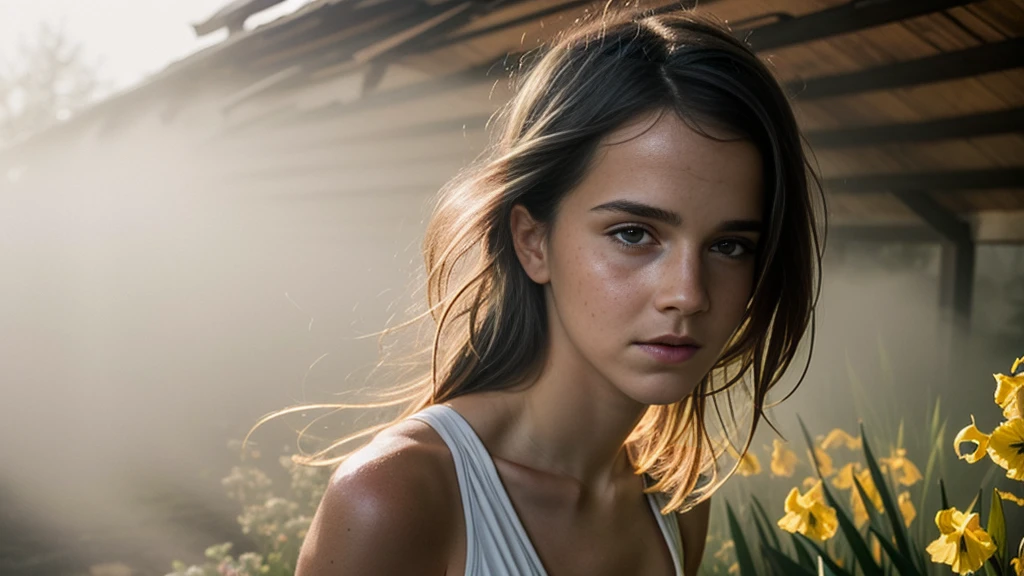 hazy attic, godrays, freckles, emma watson, style of david hamilton, summer, humid, backlighting, golden hour, breathtaking, in dusty attic, thong, hazy foggy etheral morning, detailed face, detailed symmetric circular iris, realistic, stunning realistic photograph, octane render, intricately detailed, cinematic, disheveled skimpy fabric, sultry, bare, exposed, boxershorts, detailed face, foggy, sweaty, godrays, haze, atmospheric, photojournalism, busy background, volumetric lighting, neo-expressionism, art photography, gorgeous mood, hazy morning, surrounded by flowers and petals, sunrays on skin, sweaty, long hair, ultrarealistic