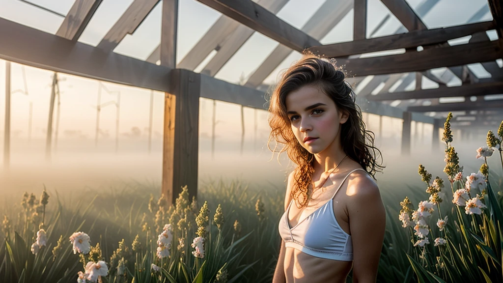 hazy attic, godrays, freckles, emma watson, style of david hamilton, summer, humid, backlighting, golden hour, breathtaking, in dusty attic, thong, hazy foggy etheral morning, detailed face, detailed symmetric circular iris, realistic, stunning realistic photograph, octane render, intricately detailed, cinematic, disheveled skimpy fabric, sultry, bare, exposed, boxershorts, detailed face, foggy, sweaty, godrays, haze, atmospheric, photojournalism, busy background, volumetric lighting, neo-expressionism, art photography, gorgeous mood, hazy morning, surrounded by flowers and petals, sunrays on skin, sweaty, long hair, ultrarealistic