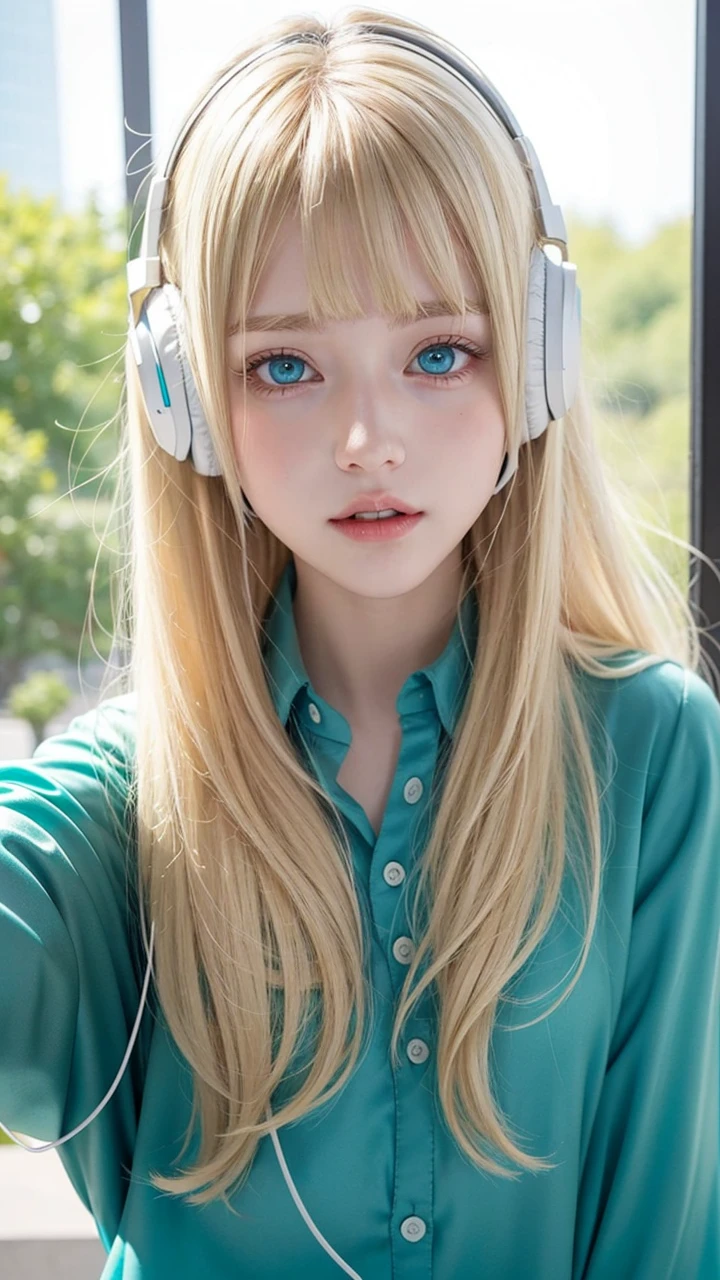 age girl pale blonde blonde silky soft hair with bangs blue-green eyes white blouse with headphones, looking at the camera grimacing