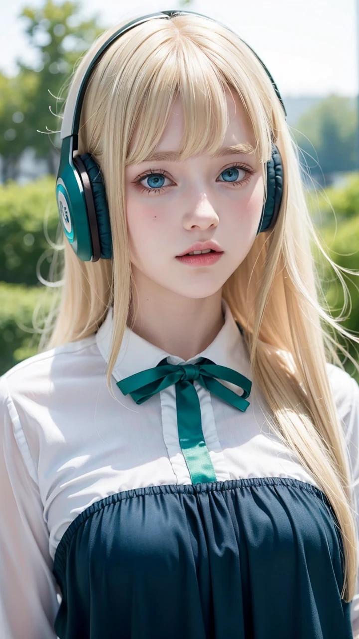 age girl pale blonde blonde silky soft hair with bangs blue-green eyes white blouse with headphones, looking at the camera grimacing