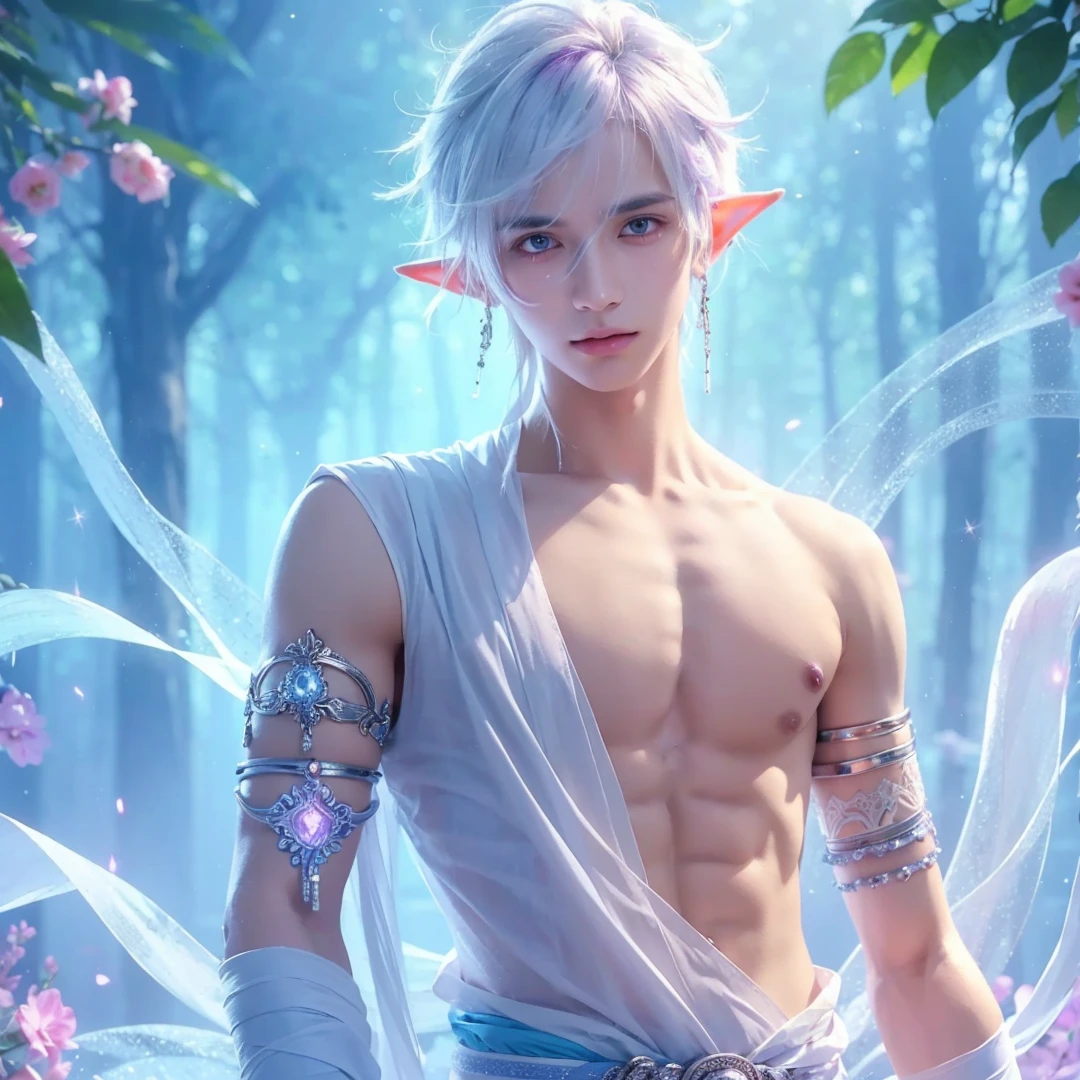 Handsome boy, white hair, white eyes, wearing white indian loin-cloth, elf ear, "surrounded by light blue, pink, and purple light, magic forest background