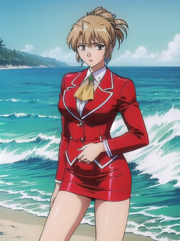 masterpiece, best quality, 1girl, looking at viewer, ultra detailed, cowboy shot, folded ponytail, long sleeves, red jacket, white shirt, earrings, ascot, brooch, red jacket, red pencil skirt, red lips, looking back, (pantylines:1.1), (beach, sandy shore, crashing waves, sunny:1.3)