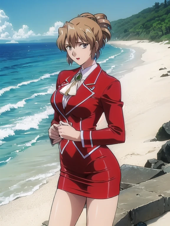 nsfw, masterpiece, best quality, 1girl, looking at viewer, ultra detailed, cowboy shot, folded ponytail, long sleeves, red jacket, white shirt, earrings, ascot, brooch, red jacket, red pencil skirt, red lips, , (pantylines:1.1), (beach, sandy shore, crashing waves, sunny:1.3)