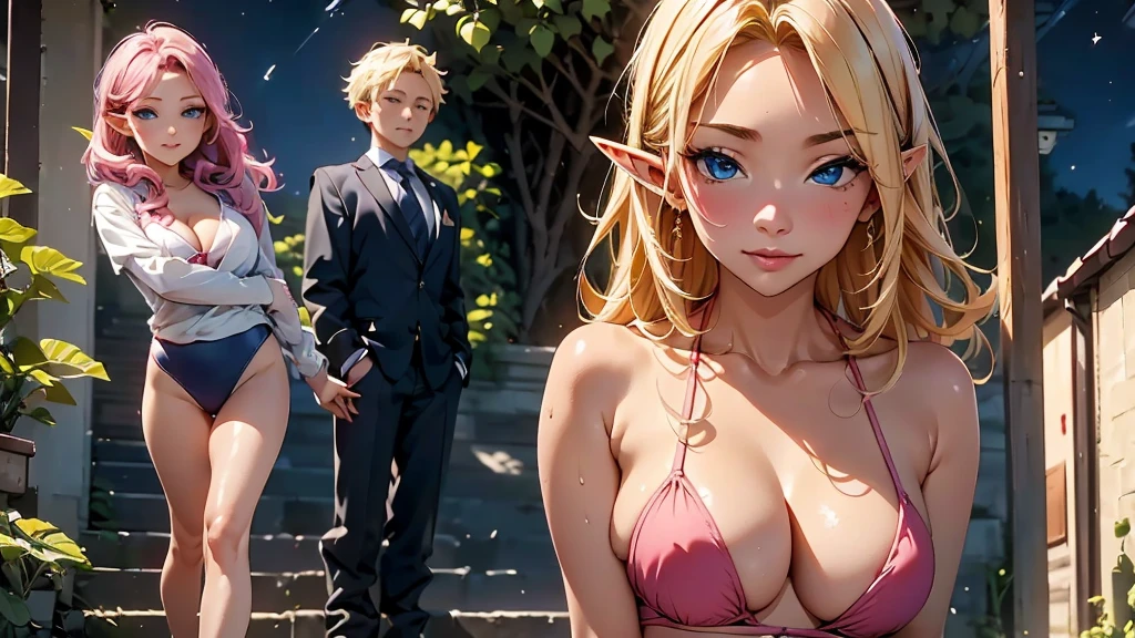 Good friends3people、Elf、Reggae colored swimsuit、Portrait of a beautiful 16 year old girl , detailedな背景画、The gesture of pulling up the hair、Blue Eyes, detailedな目、detailedな手脚、Accentuate the cleavage、Tan Skin、Bright red lips, (masterpiece) (Highest quality) (detailed) (8K) (High resolution) (Cinema Lighting) (Sharp focus)、Blonde、(Inner Color: pink), ((blush: 0.8)), Natural skin texture, Transparent skin、Delicate, rolled up、luxury、whole body、A step back angle、