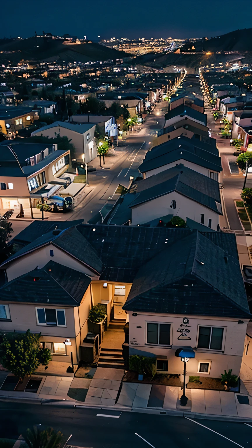 a small California town at night, with no people on the streets, filmed from above by a drone