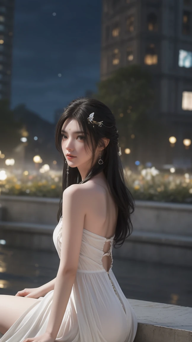 1girl, girl with long black hair, smiling, cheerful, the girl wearing white long dress, girl is sitting among a wide expanse of flowers,girl posing gracefully , surrounded by beautiful flowers, Calm and peaceful atmosphere, night, moonlight , Beautiful glowing butterflies surround the girl lighting up the darkness of the night, magic,Romantic, the night breeze blows the Sepoi Sepoi girl's hair, 