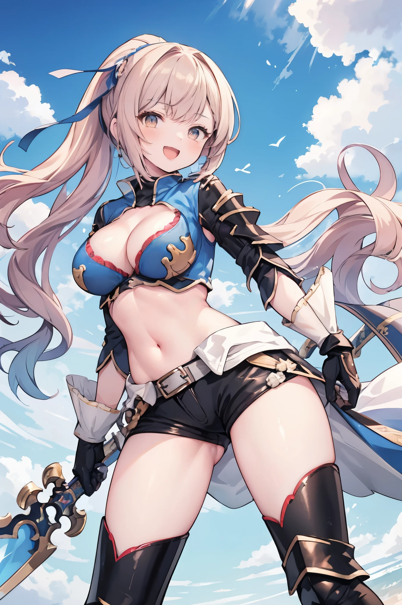 masterpiece, best quality, defbeatrix, ponytail, hair ribbon, gauntlets, blue shirt, gloves, cleavage cutout, belt, short shorts, thigh boots, from below, looking at viewer, big_smile, large breasts, sky ,open_legs,happy,covered_nipples,covered_pussy,young_,open_mouth,shout,full_of_beans,dynamic_posing, fighting,open_legs,1long_sword,laugh,(abs:0.6)