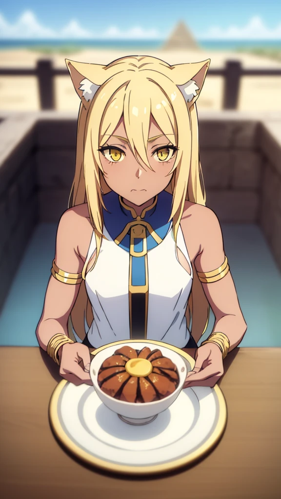 (1girl ,solo,20s,mature female),blonde hair,long hair,cat ears,yellow eyes,(((dark skin))),(Egypt, blue sky, sun),white egypt oufit,bare shoulders,looking at view,pov across table, eating