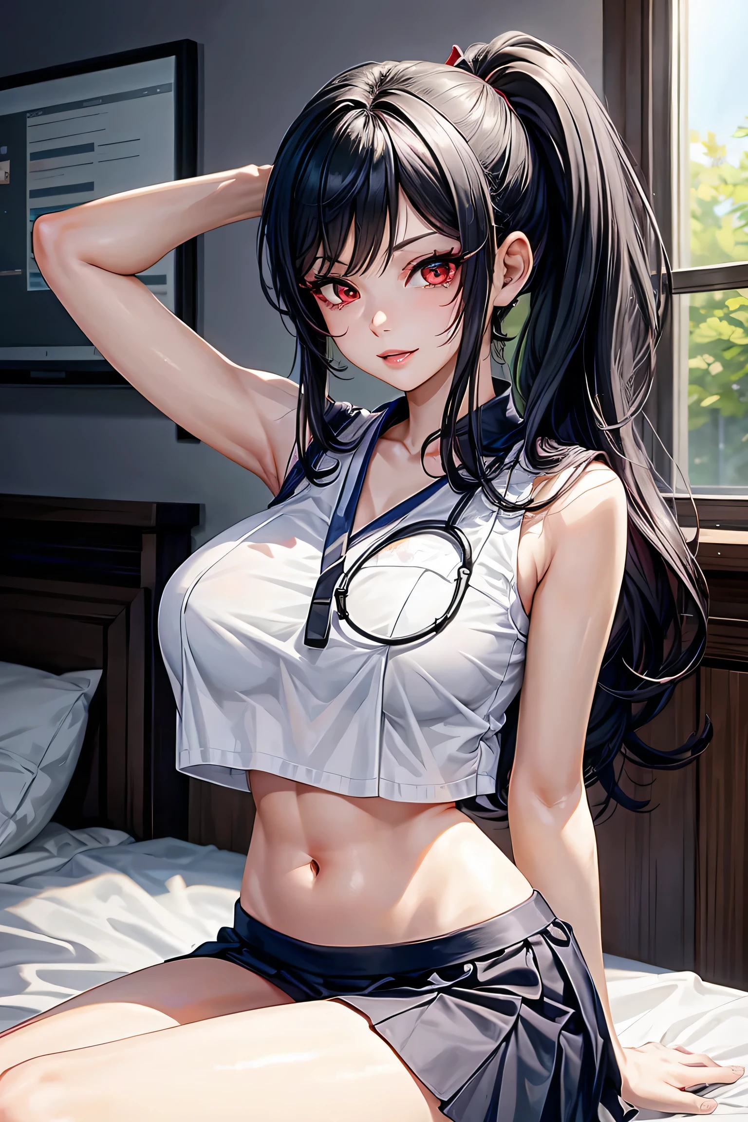 woman, woman, female, mommy, black hair, red eyes, detailed eyes, detailed lips, big driff peek, doctoruniform, sit with crossed legs, bedroom, evil smile, seductive lips, looking back crop top overhang, adjusting hair, pony tail, skirt