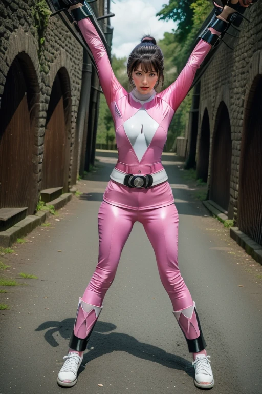 pink theme，pink ranger suit、curvy, big breats, full body, tied on Saint Andrew's cross in X position,