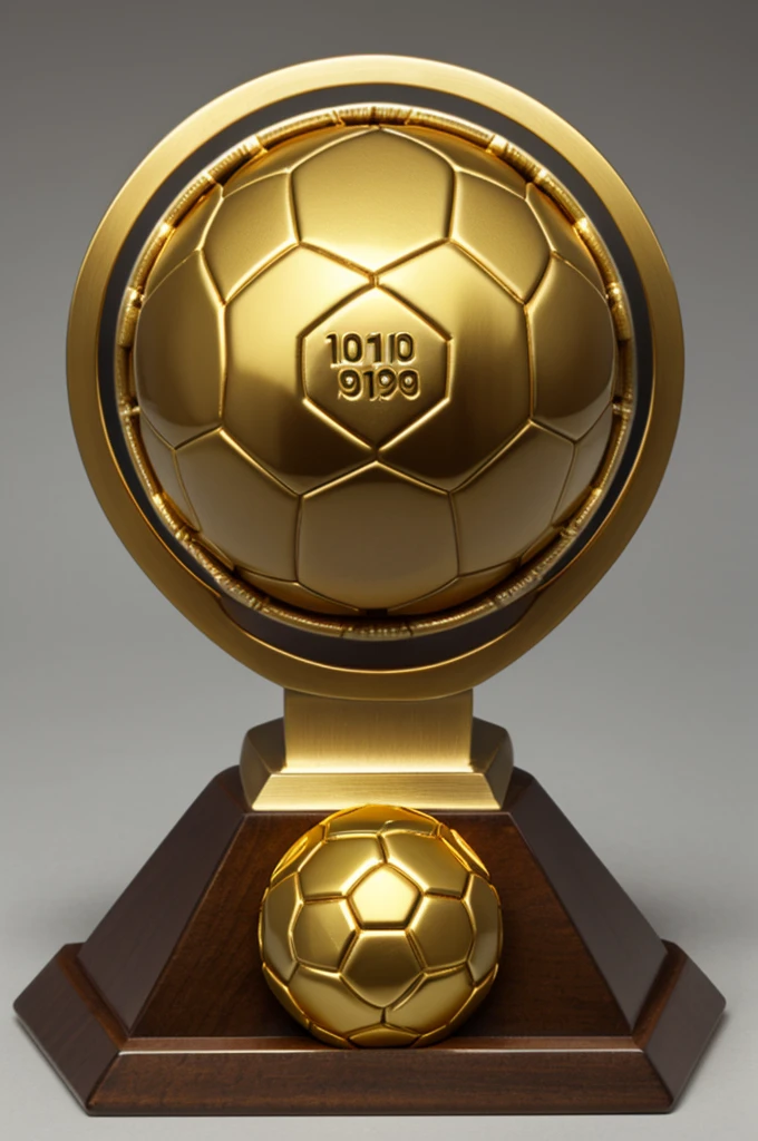 Trophy with hexagonal plastic base with metallic bronze finish, recorded with "discipline", "love", "overcoming", "Solidarity". A stylized clear acrylic soccer ball with a geometric design. Figure of a player in motion in gold plastic. Golden hearts on the edges of the base, a gold star on top and clasped hands engraved on the ball. Silver metal plate with the name of the competition and the year.