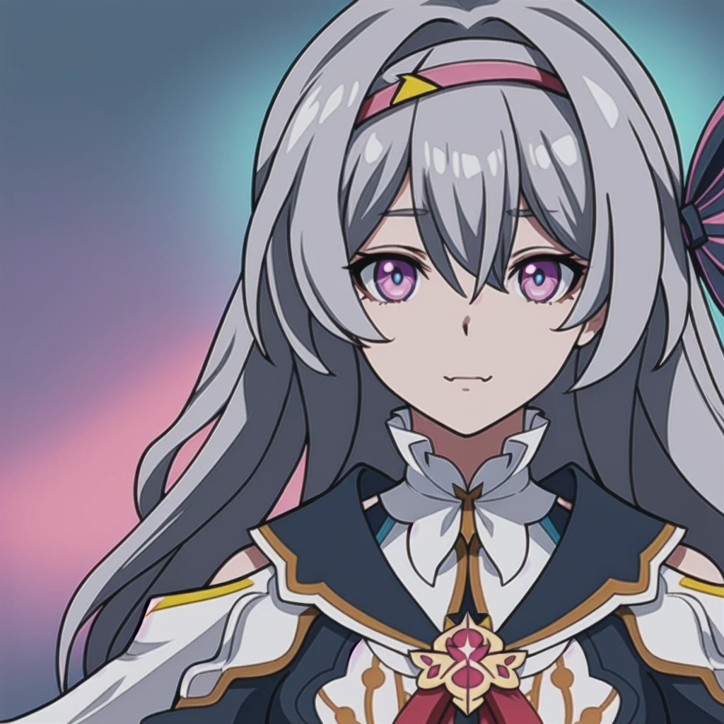 anime girl, happy expression, grey hair, firefly, star rail, honkai star rail, dark brown clothes, blue pink eyes, 1girl, masterpiece, (beautiful and aesthetic:1. 5), thick black lineart, clean lineart, perfect lineart, variable lineart, thick lineart, clean anime outlines, intense line art, bold lineart, sharp lineart, heavy lineart, line art, best quality, high quality, high details, super detail, best quality, ultra-detailed, colourful, saturated colours, dynamic lighting, HD,