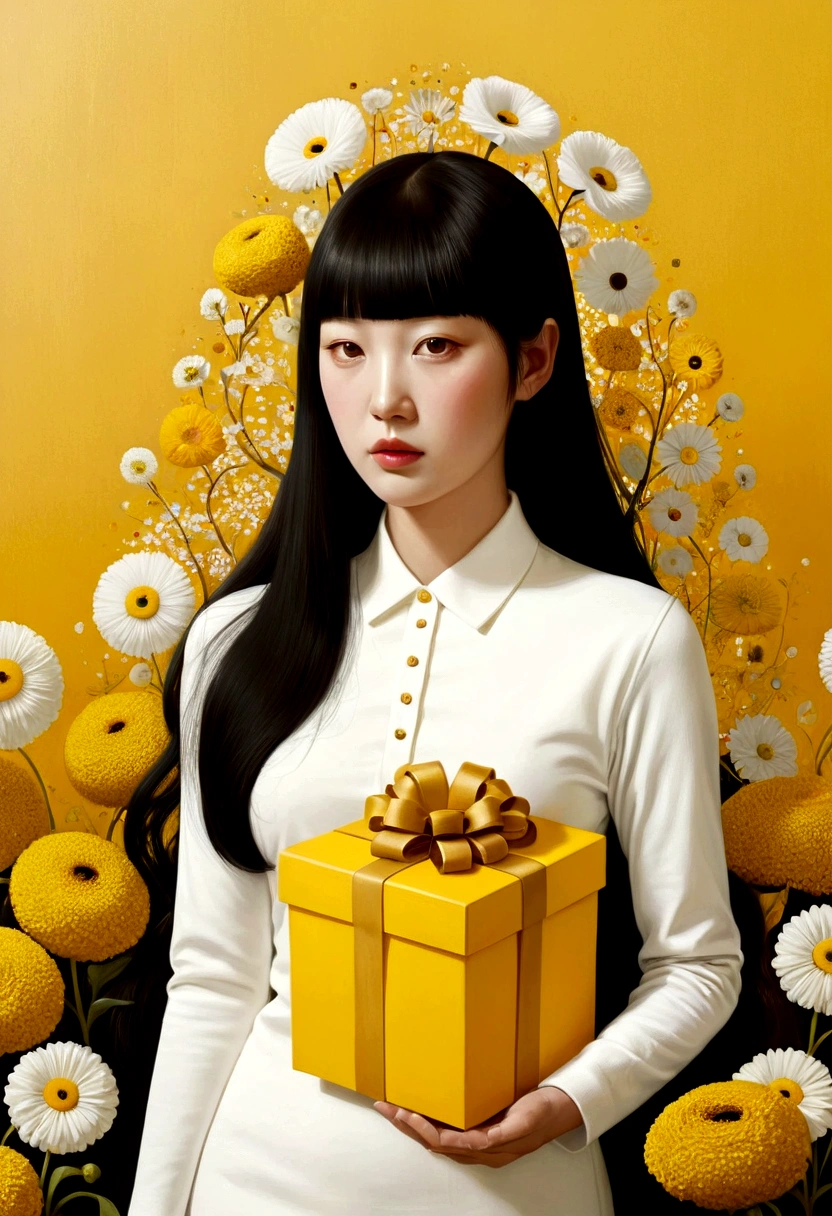 Poster design for a magazine with the face of a huge yellow-colored gift box, flowers, ribbons, white polo shirt, fantasy, minimalism, fantasy, Hayv Kahraman style, beautiful paintings of Yayoi Kusama, works of Andrey Remnev, modern art, fantasy realism, surrealism, ethereal, Decopunk, close-ups of (MCU),