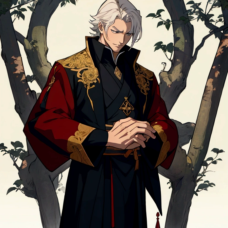 man looking down at hands fondly, anime style