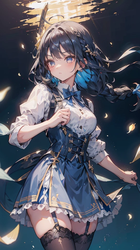 Black-haired girl，Indifferent girl，Golden pupils，Black long hair，braid，braid，脑后braid，****ta skirt，Blue ****ta Dress，****ta style，Blue Skirt，Blue Skirt，Blue Skirt，Blue Skirt，蓝白****ta skirt，Blue Dress，Blue Dress，Red bow tie，Red bow tie，单条braid，单条braid，短braid，Repressive style，Garter stockings，Garter stockings，Garter stockings，Big breasts，Great Sword，手持Great Sword，手持Great Sword，Great Sword