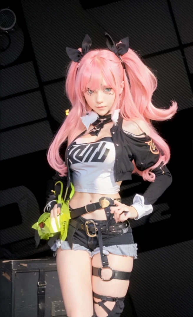 1girl, bangs, bare shoulders, belt, black background, black jacket, black ribbon, black shorts, black thighhighs, breasts, cleavage, clothing cutout, cowboy shot, crop top, cropped jacket, cutoffs, detached sleeves, earrings, green eyes, hair ornament, hair ribbon, hairclip, hand on hip, holding, jacket, large breasts, long hair, long sleeves, looking at viewer, micro shorts, midriff, mole, mole on breast, mole on thigh, mole under eye, nail polish, navel, open clothes, open jacket, pink hair, ribbon, short shorts, shorts, shoulder cutout, single thighhigh, smile, solo, standing, stomach, strapless, thigh strap, thighhighs, thighs, tube top, two side up, very long hair, yellow eyes
