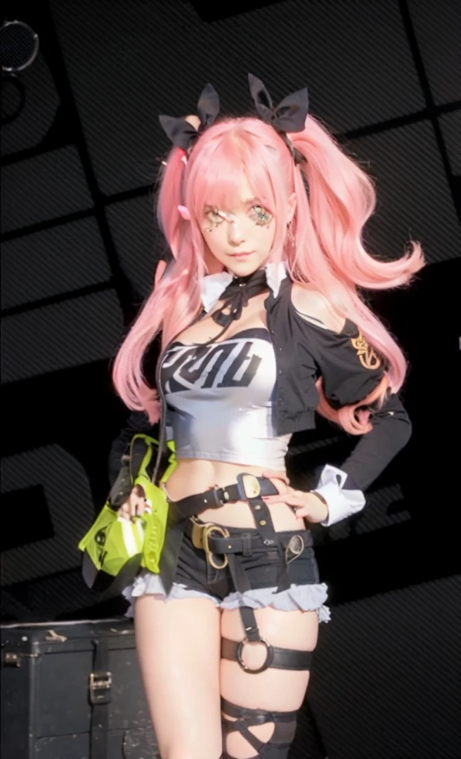 1girl, bangs, bare shoulders, belt, black background, black jacket, black ribbon, black shorts, black thighhighs, breasts, cleavage, clothing cutout, cowboy shot, crop top, cropped jacket, cutoffs, detached sleeves, earrings, green eyes, hair ornament, hair ribbon, hairclip, hand on hip, holding, jacket, large breasts, long hair, long sleeves, looking at viewer, micro shorts, midriff, mole, mole on breast, mole on thigh, mole under eye, nail polish, navel, open clothes, open jacket, pink hair, ribbon, short shorts, shorts, shoulder cutout, single thighhigh, smile, solo, standing, stomach, strapless, thigh strap, thighhighs, thighs, tube top, two side up, very long hair, yellow eyes