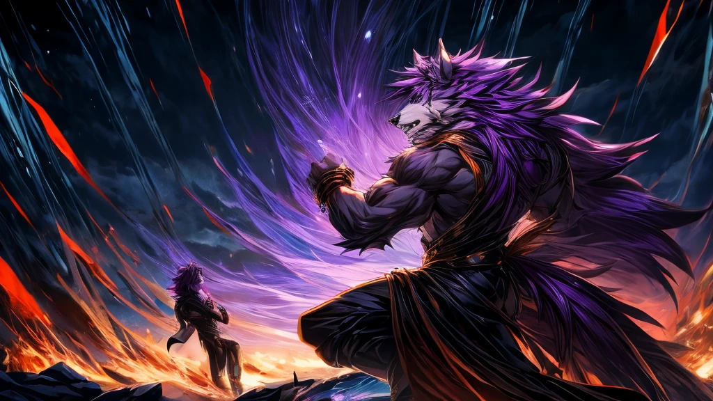 Purple haired werewolf exposed upper body was raised,Standing,Panic,Exquisite,Athletic