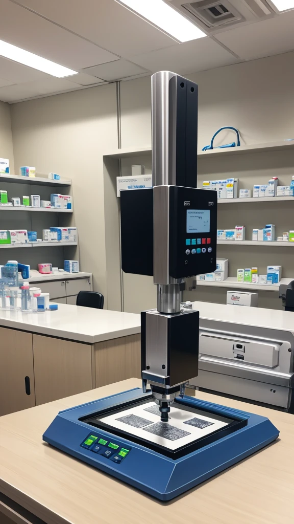 A tablet press machine in a pharmacy located in a laboratory.