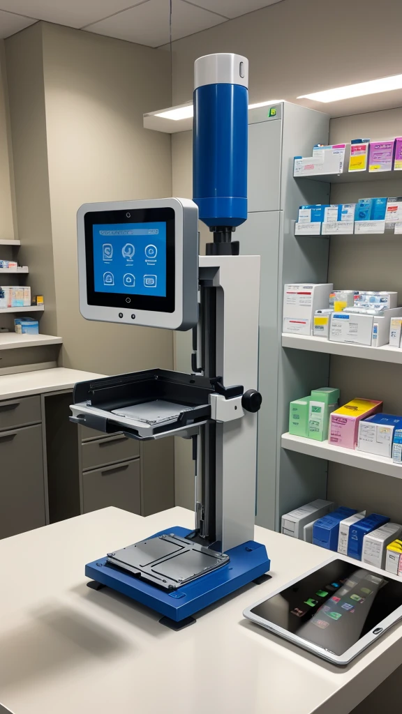 A tablet press machine in a pharmacy located in a laboratory.