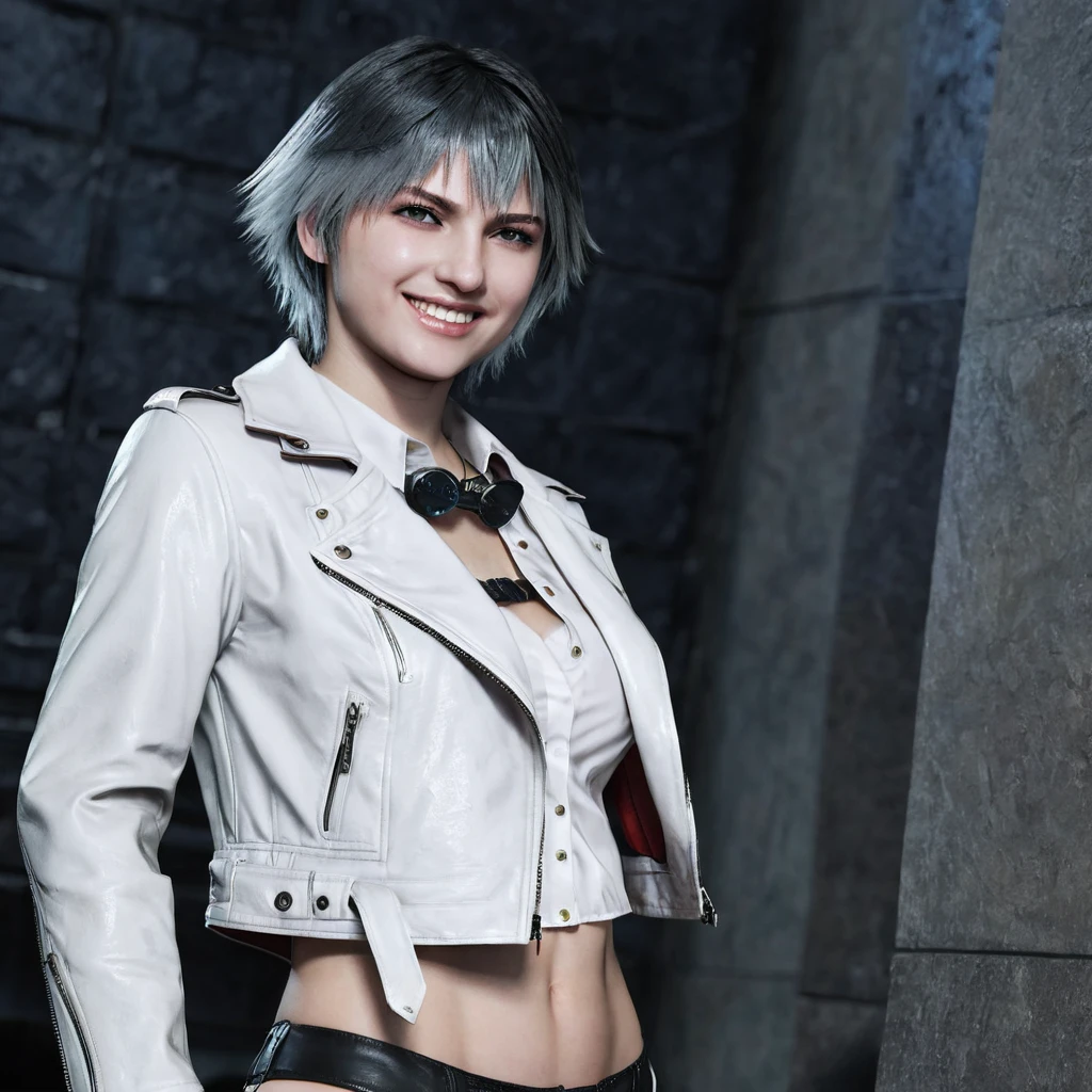 beautyful woman, lady (from devil may cry 5:1.1), white jacket, black panties, smile