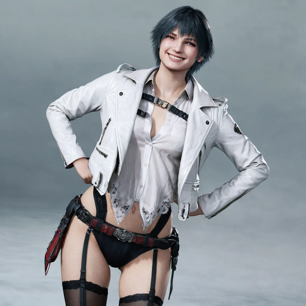 beautyful woman, lady (from devil may cry 5:1.1), white jacket, black panties, smile