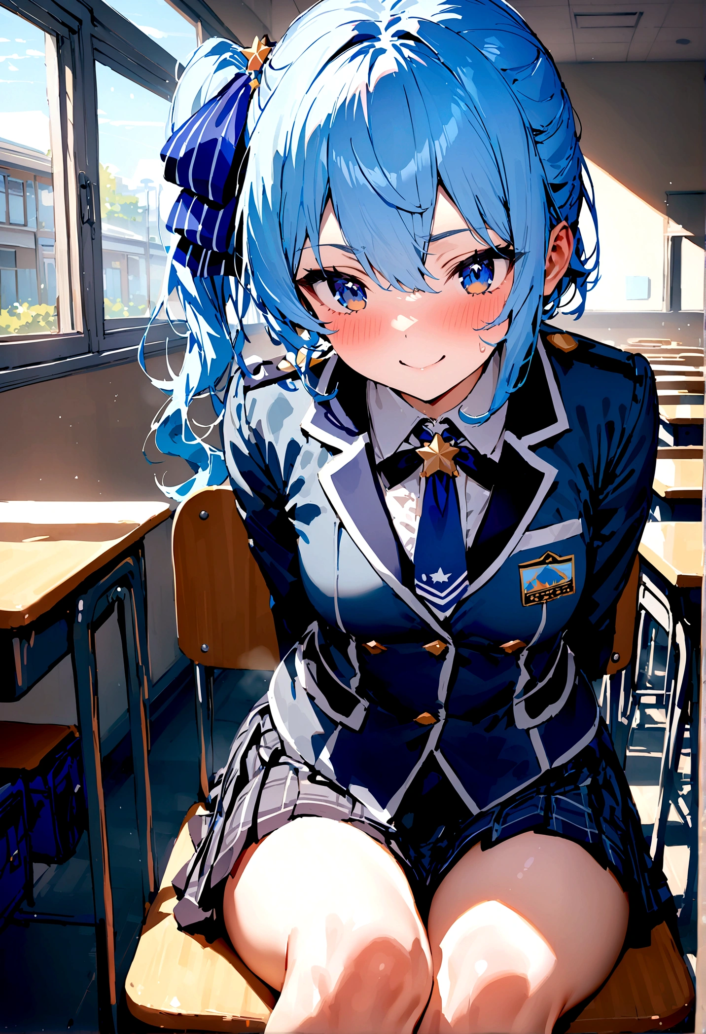 NSFW,masterpiece,Highest quality,High resolution,Super detailed,Star Town Suisei\(Hololive\),Blue Hair,One Side Ponytail,Blue Eyes,uniform,shirt,ribbon,mini skirt,Small breasts,School,classroom,smile,Sitting in a chair,Playing pranks