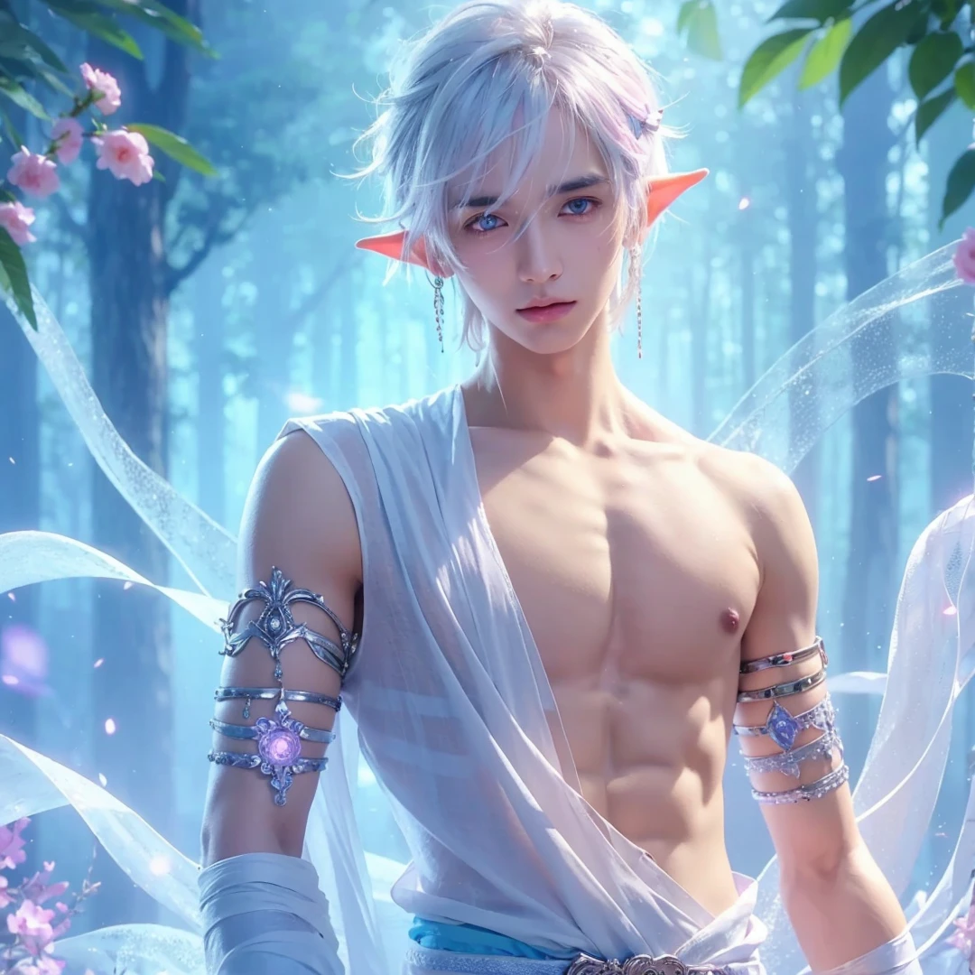 Handsome boy, white hair, white eyes, wearing white indian loin-cloth, elf ear, "surrounded by light blue, pink, and purple light, magic forest background