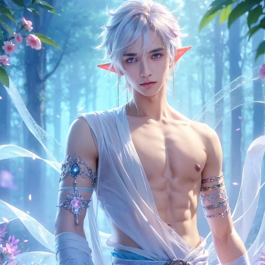 Handsome boy, white hair, white eyes, wearing white indian loin-cloth, elf ear, "surrounded by light blue, pink, and purple light, magic forest background