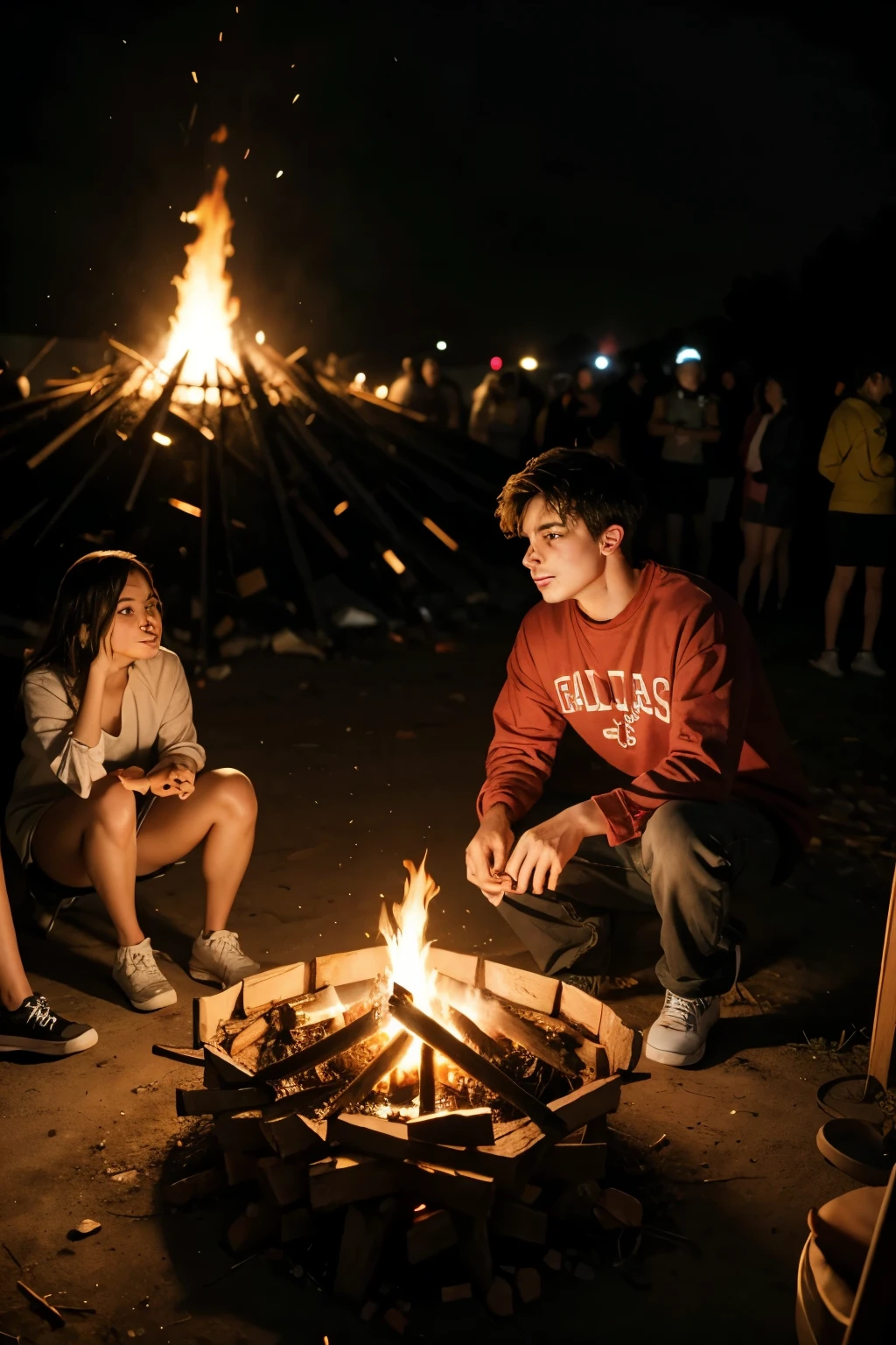 person at night around the bonfire