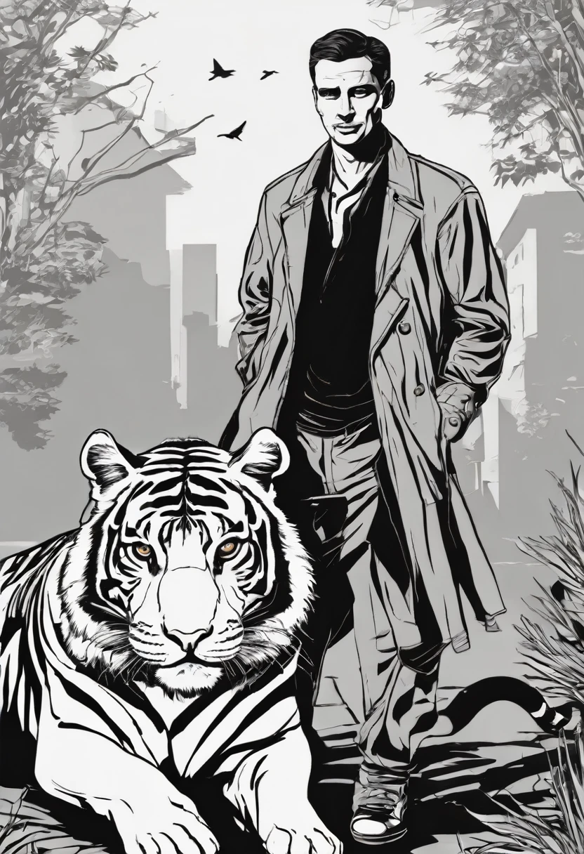 comics style, vector, lineart, a man with a tiger's head