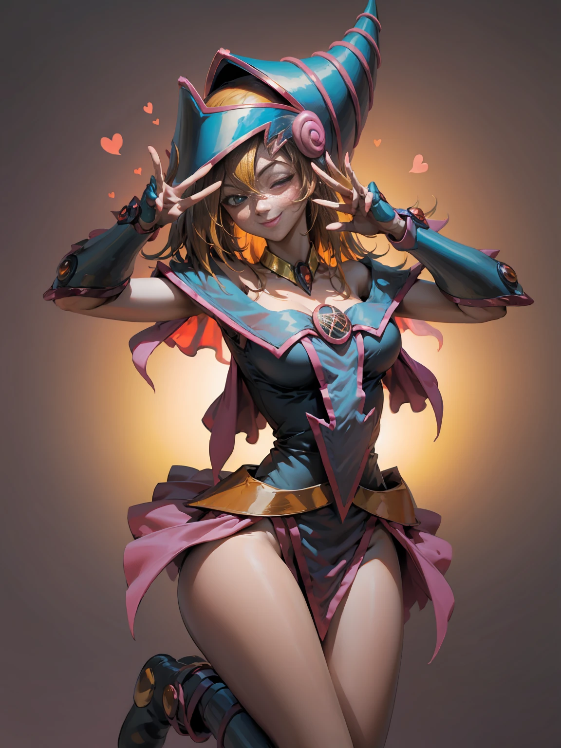 dark magician gils. Making the peace and love sign with his fingers, smile . Magic of hearts in the air. Sensual and seductive pose. Mystical magic background