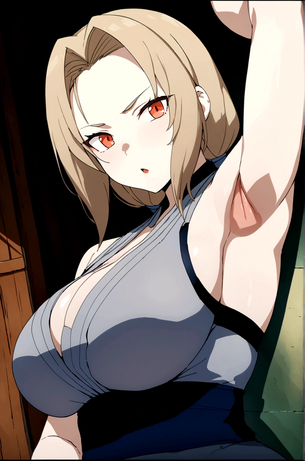 Masterpiece, Tsunade, big breasts, sleeveless, bare shoulders, Alone, 1 girl, shaved armpits, absurdities, detailed, ultra high definition