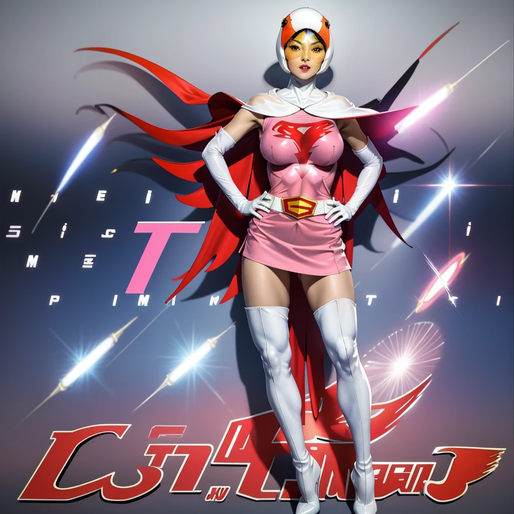 ANI_CLASSIC_jun_gatchaman_ownwaifu,1girl, ,good anatomy, masterpiece, best quality,realistic, hyper realistic, 16k hdr, long hair,breasts,lips,large breasts,lipstick,makeup,gloves,cape,helmet,belt,elbow gloves,white gloves,mask,ultra miniskirt,leotard,spacesuit,white tight overknee highheels boots,pink dress,superhero,bodysuit,cleavage,erected nipples,(stand pose,hands on hip),(spread legs:1.1),cameltoe