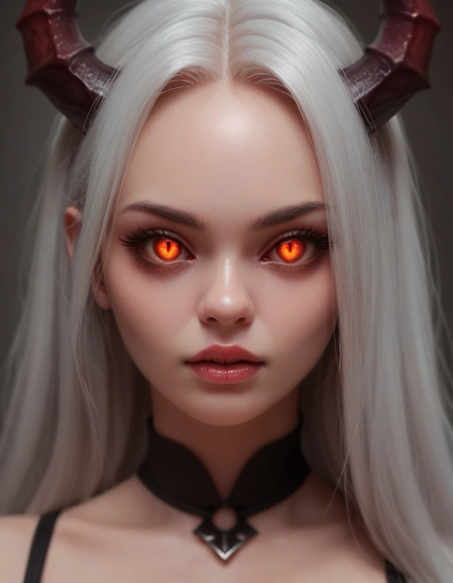 horror-themed Wide angle digital illustration, (Demonic female character with dark ash-gray face:1.3), 赤いドレスを着ている, Symmetrical composition, Cracked stone texture, Golden veins, (Red luminescent eyes:1.3), Several twisted horns, Intricate golden metallic details, (Golden veins on neck and shoulders:1.2), Gothic architectural background, Bluish light from top center, (Ominous atmosphere:1.2), Deep shadows, Highlighted facial features, Sinister expression, Realistic digital art, Fantastic influence, eerie, unsettling, dark, spooky, suspenseful, grim, highly detailed